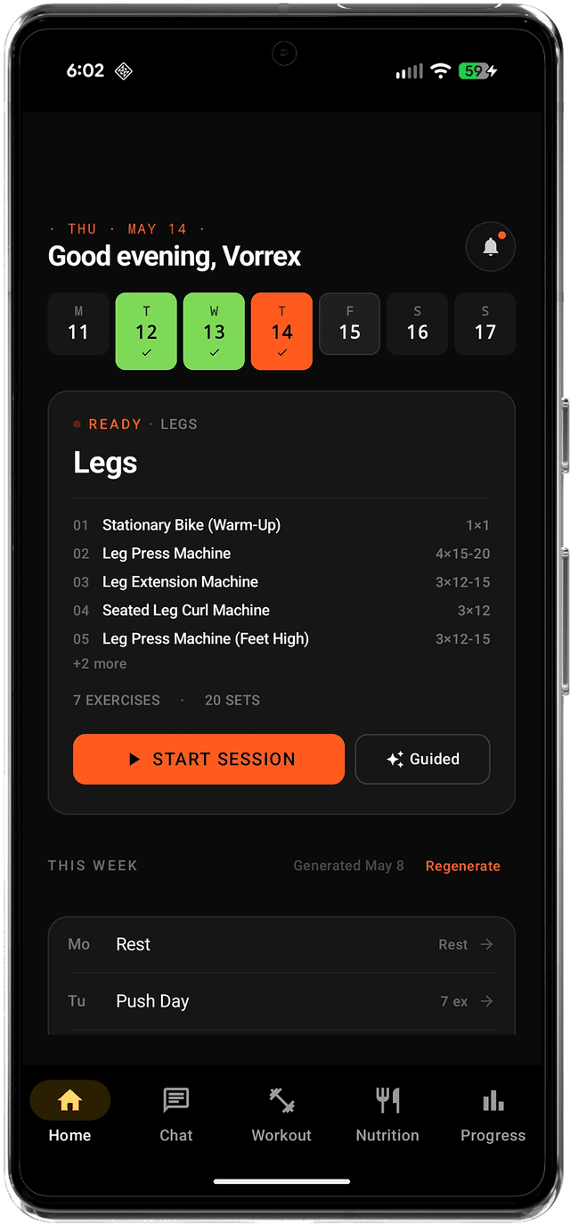Vorrex app dashboard — today's plan, streak, and stats