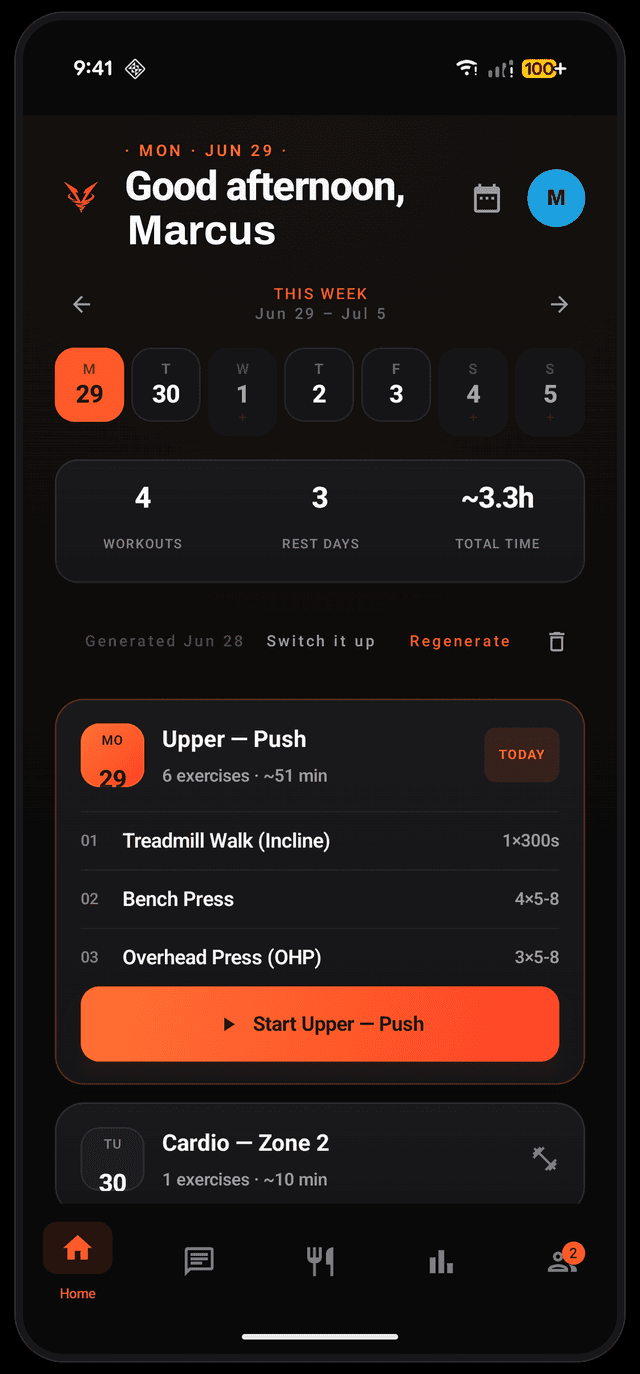 Vorrex app dashboard — today's plan, streak, and stats