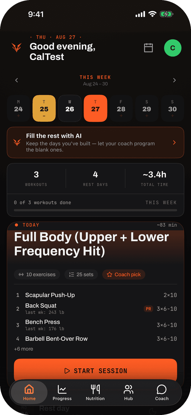 Vorrex app dashboard — today's plan, streak, and stats