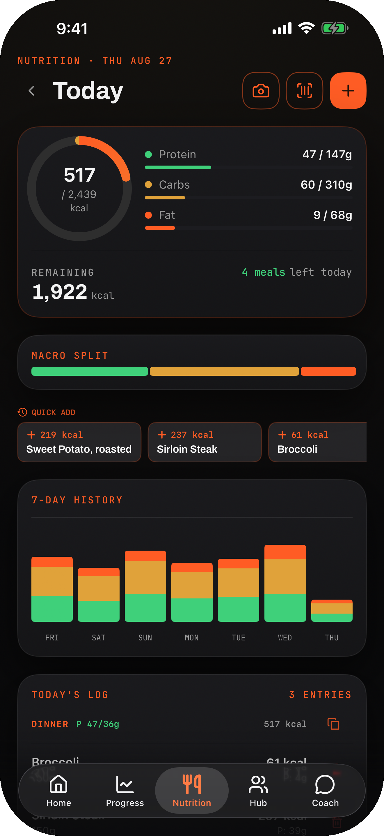 Vorrex nutrition screen showing macro rings and a logged meal